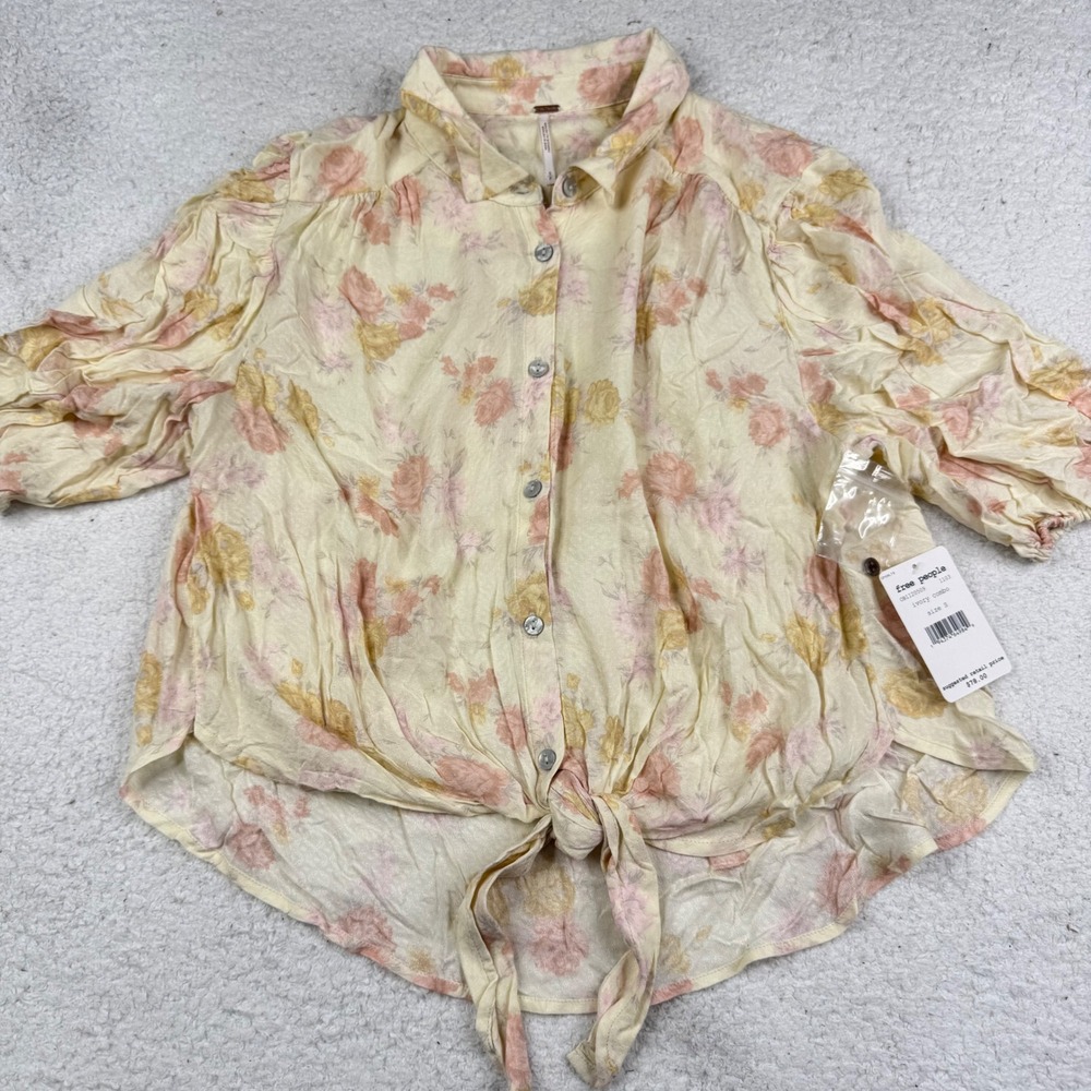 Free People Ivory Floral Tie Front Button Down Blouse Shirt Size Small NWT‎